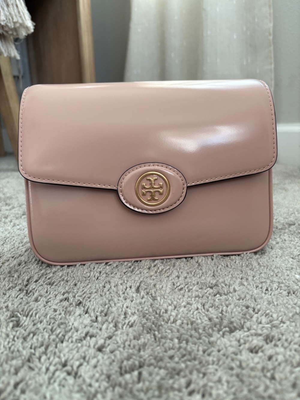 Tory Burch Pink Leather Flap Crossbody with Gold Logo NWT